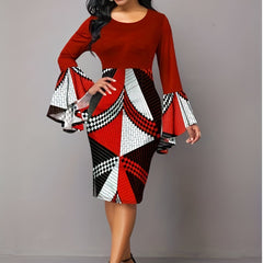 Colorblock Argyle & Stripe Print Bell Sleeve Bodycon Midi Dress