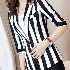 Striped Lapel Blazer Half Sleeve One Button Office Outerwear