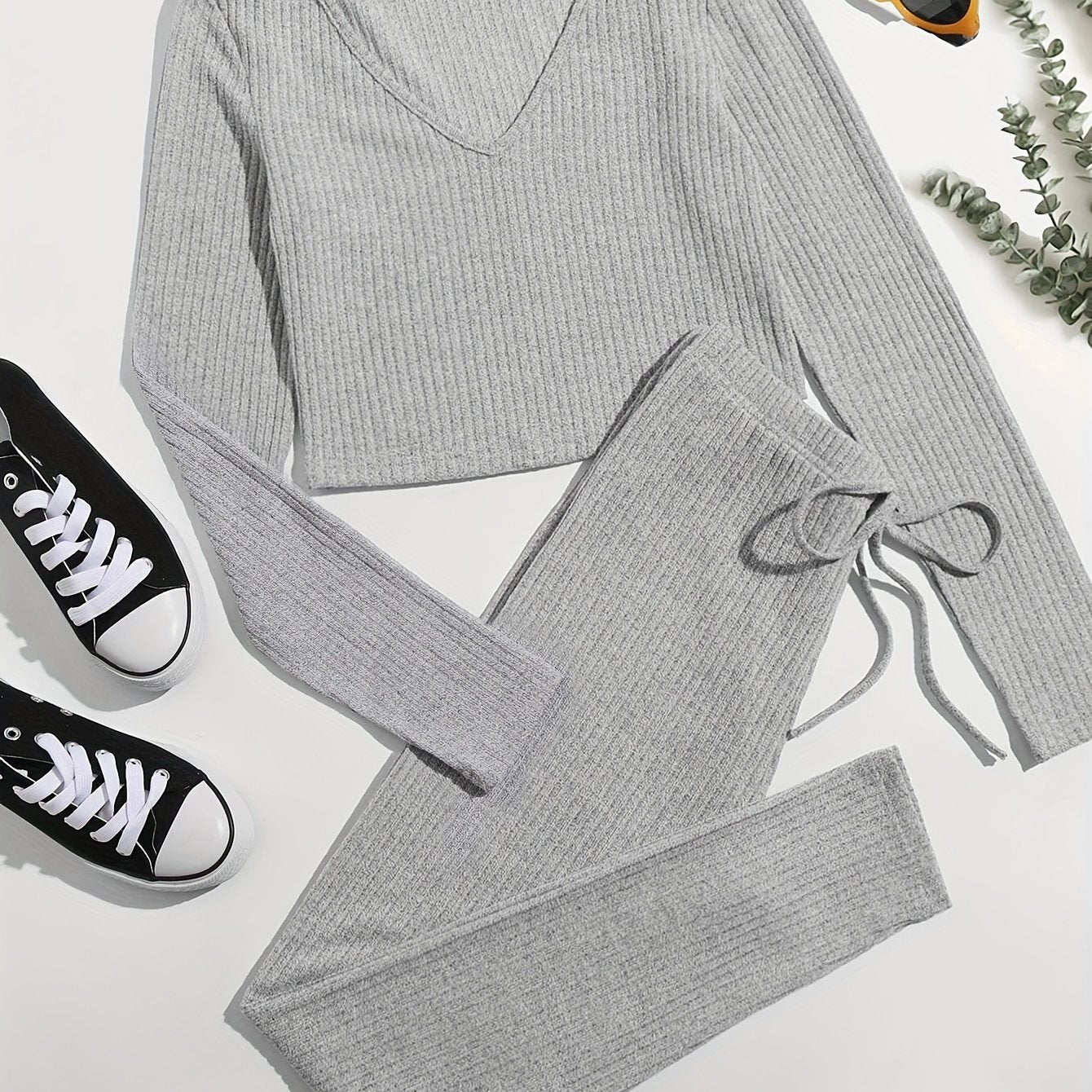 Long Sleeve V Neck Top & Lace Up Pants Lounge Set