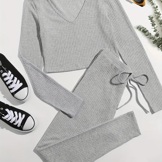 Long Sleeve V Neck Top & Lace Up Pants Lounge Set