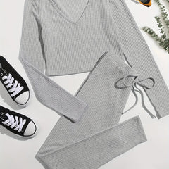 Long Sleeve V Neck Top & Lace Up Pants Lounge Set