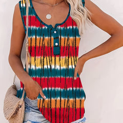 Tie Dye Button Up Tank Top Round Neck Medium Stretch