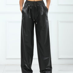 Soft PU Leather Casual Sports Pants Elastic Waist Running Jogging Pants