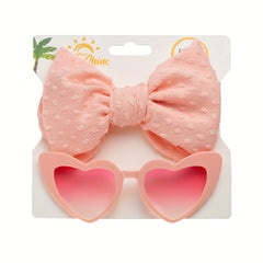 Girls Nylon Bow Headband & Heart Shaped Sunglasses Set