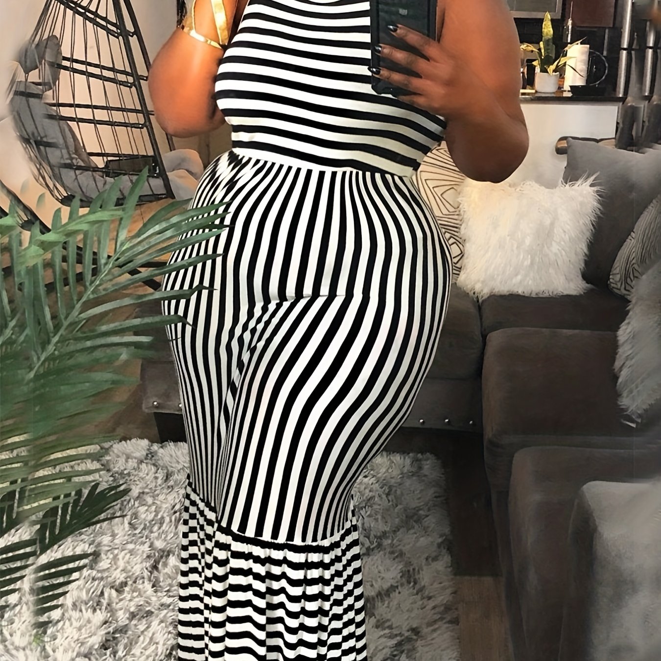 Casual Tank Dress Women's Plus Stripe Print Round Neck Maxi Dress