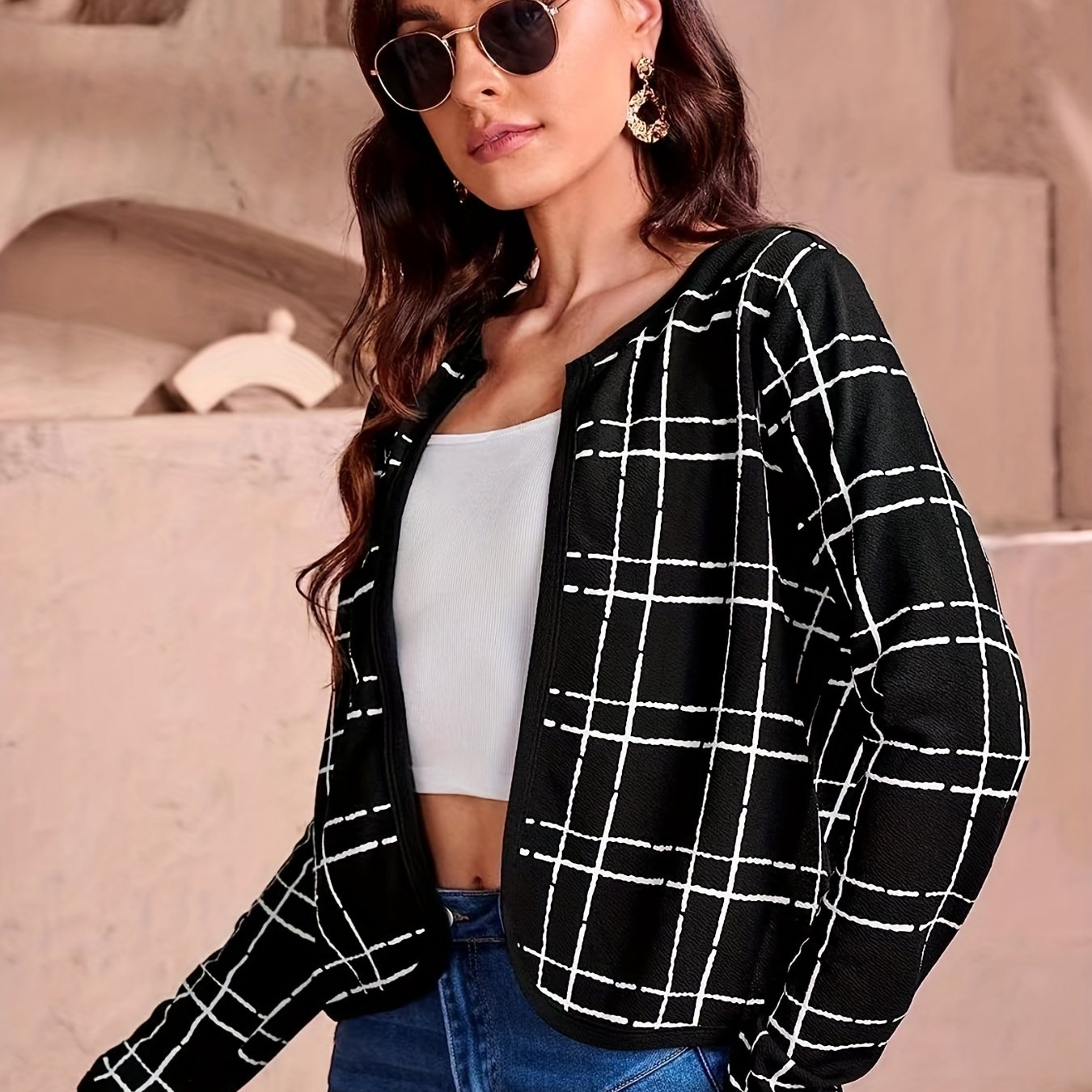 Plaid Print Cropped Jacket Open Front Long Sleeve