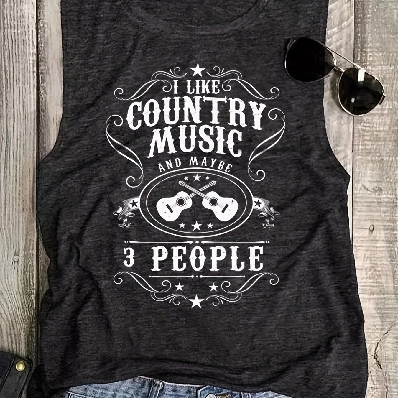 Guitar & Letter Print Tank Top Crew Neck Summer Sleeveless Top