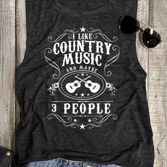 Guitar & Letter Print Tank Top Crew Neck Summer Sleeveless Top