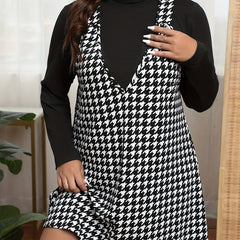 2-Piece Outfit: Solid Long Sleeve Top & Houndstooth Print Tank Dress