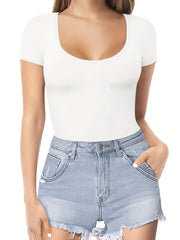 Solid Scoop Neck Bodysuit Short Sleeve Summer Women