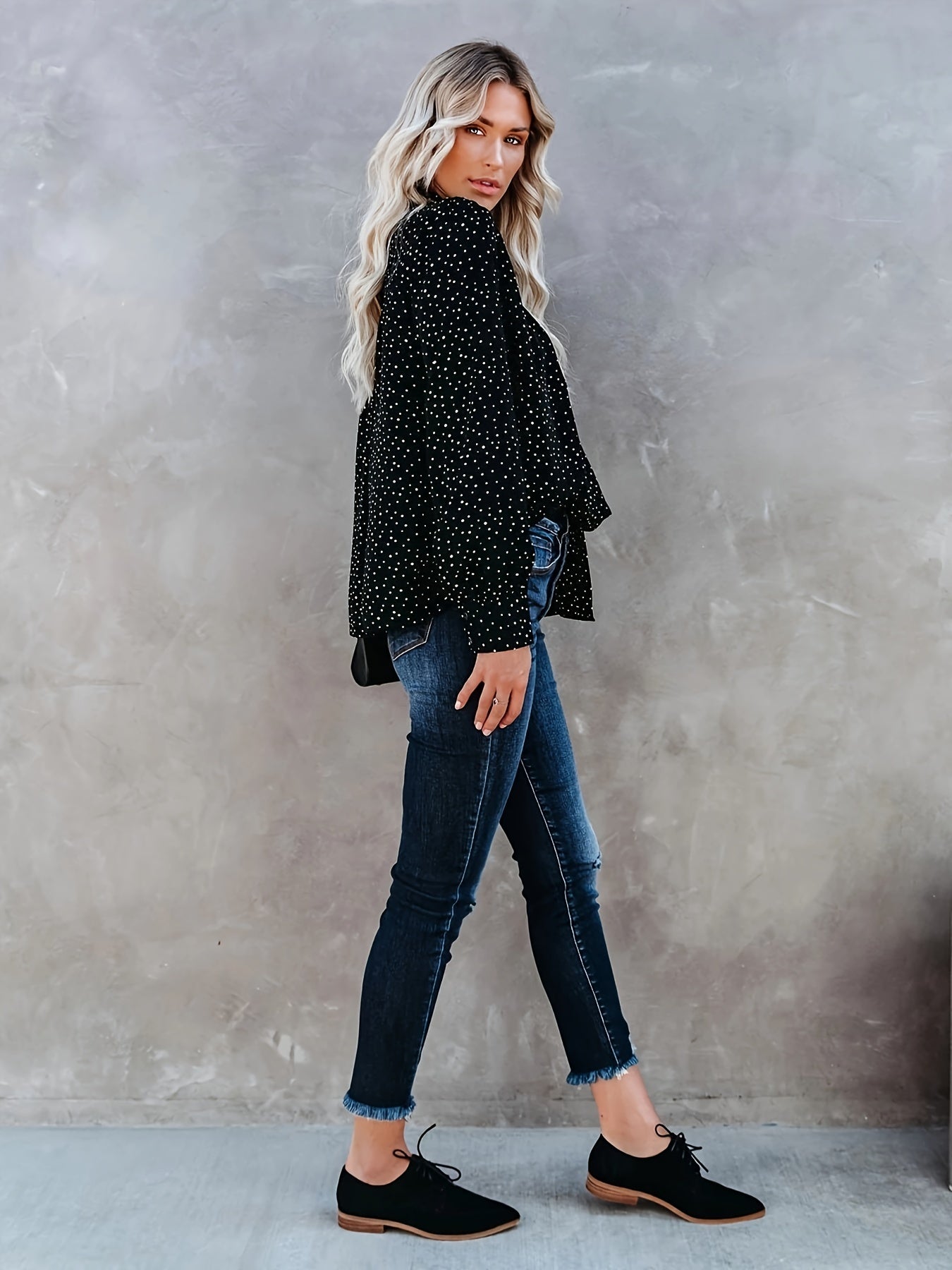 Boho Blouse Women's Plus Dot Print Button Up Long Sleeve