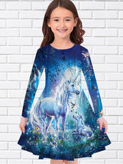 Little Girl Stylish Casual Cartoon Graphic Long Sleeve Dress