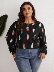 Plus Feather Print Lantern Sleeve Round Neck Loose Fit Shirt Top