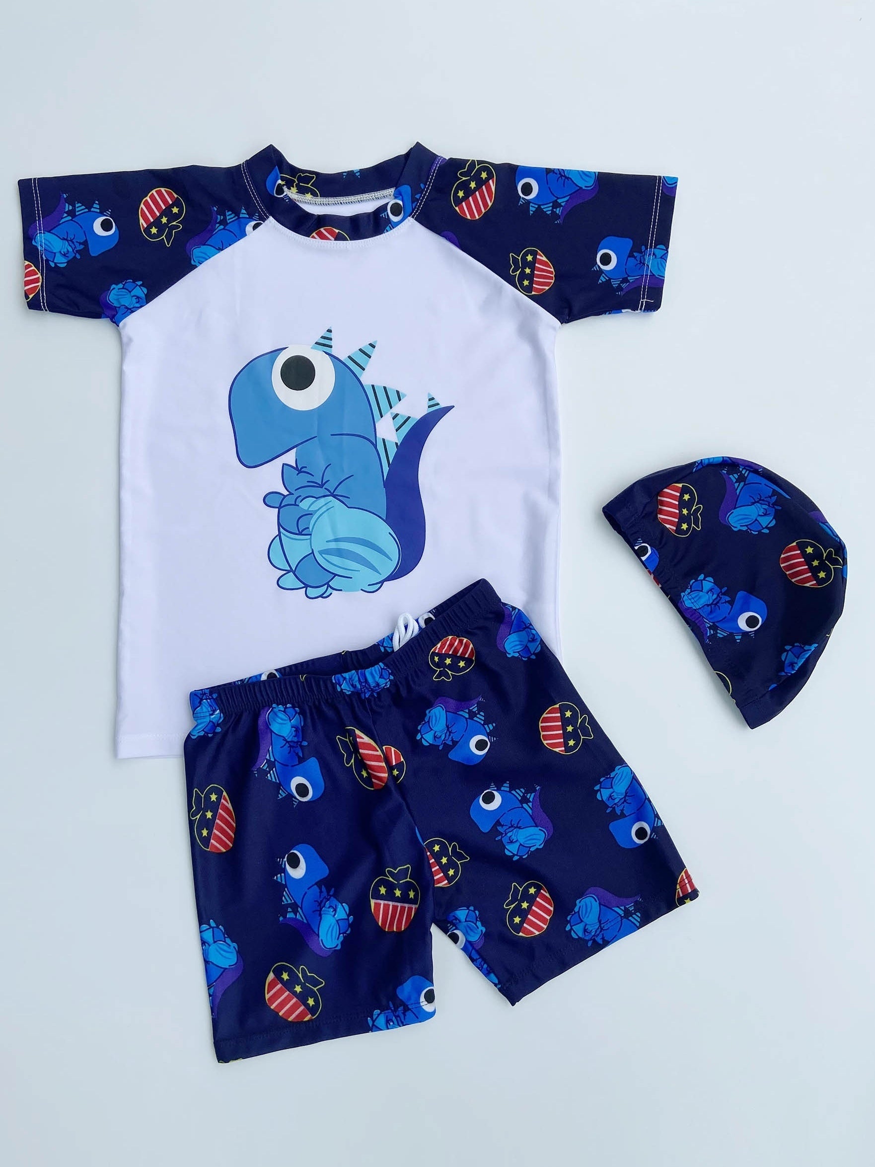 Boys Dino Swim Set Trunks & Tops & Cap, Beach Vacation Kids Clothes