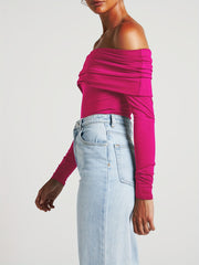 Solid Foldover Bodysuit Off Shoulder Long Sleeve