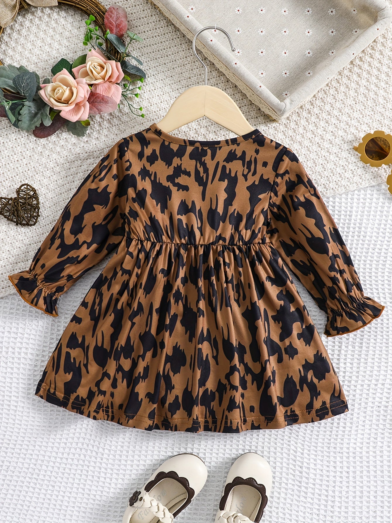 Baby Girls V-Neck Leopard Print Stylish Dress for Spring & Autumn