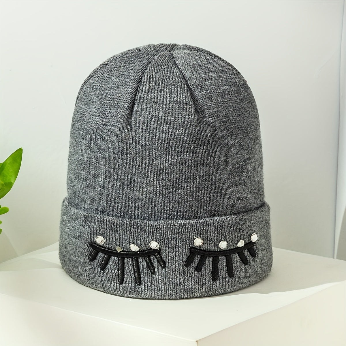 Gray Eyelash Embroidery Knit Beanie Hat