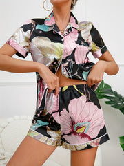 Flower Print Pajama Set Short Sleeve Button Up Top & Elastic Waistband Shorts