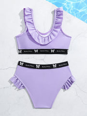 2pc Girl's Ruffled Trim Sleeveless Top & Shorts Swimsuit Set