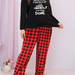 Cat Graphic Tee & Plaid Pants Lounge Set