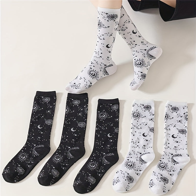 6 Pairs Moon & Sun Print Socks Halloween Mid Tube Women's Stockings