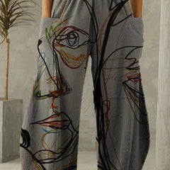 Graffiti Print Wide Leg Pants with Pockets