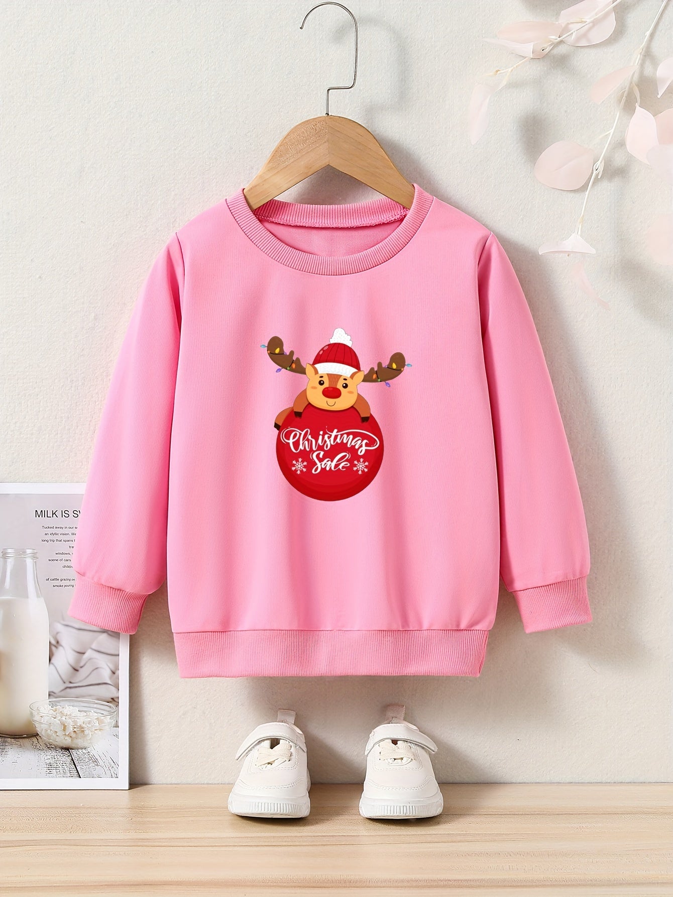 Cartoon Reindeer Graphic Crew Neck Sweatshirt Kids Christmas Gift