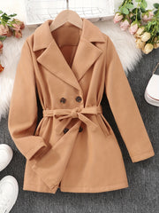 Girls Lapel Neck Windbreaker Jacket Double Breasted Overcoat