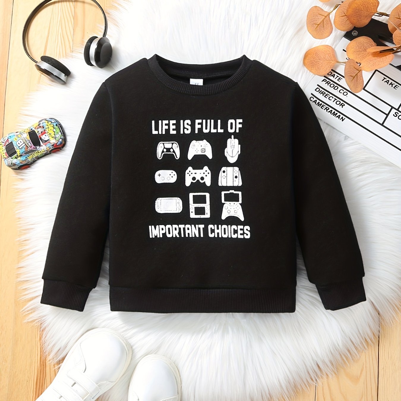 Kid's Cartoon Gamepad Sweatshirt with Important Choices Print