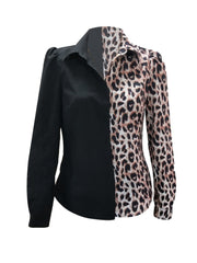 Colorblock Leopard Button Up Blouse