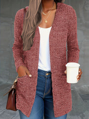 Solid Long Sleeve Open Front Cardigan With Pockets