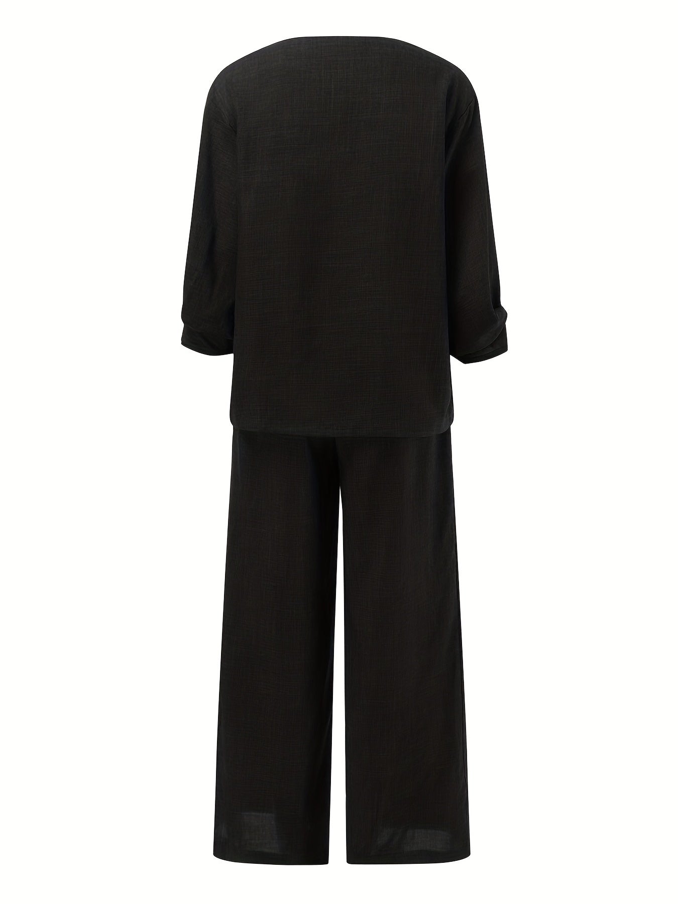 Solid V Neck Sleeve Top & Wide Leg Pants Set Women's Clothing