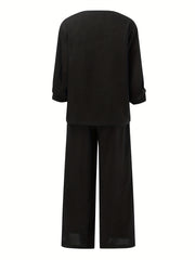 Solid V Neck Sleeve Top & Wide Leg Pants Set Women's Clothing