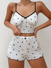 Heart Print Pajamas Set V Neck Cami Top & Shorts Women's Sleepwear