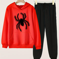 Spider Print Girls Hoodie & Sweatpants Set - Kids Casual Outdoor Clothes