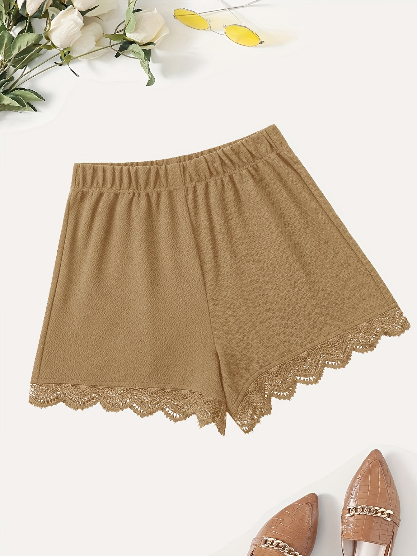 Lace Trim Solid Shorts Casual Summer Women's Clothing