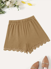 Lace Trim Solid Shorts Casual Summer Women's Clothing