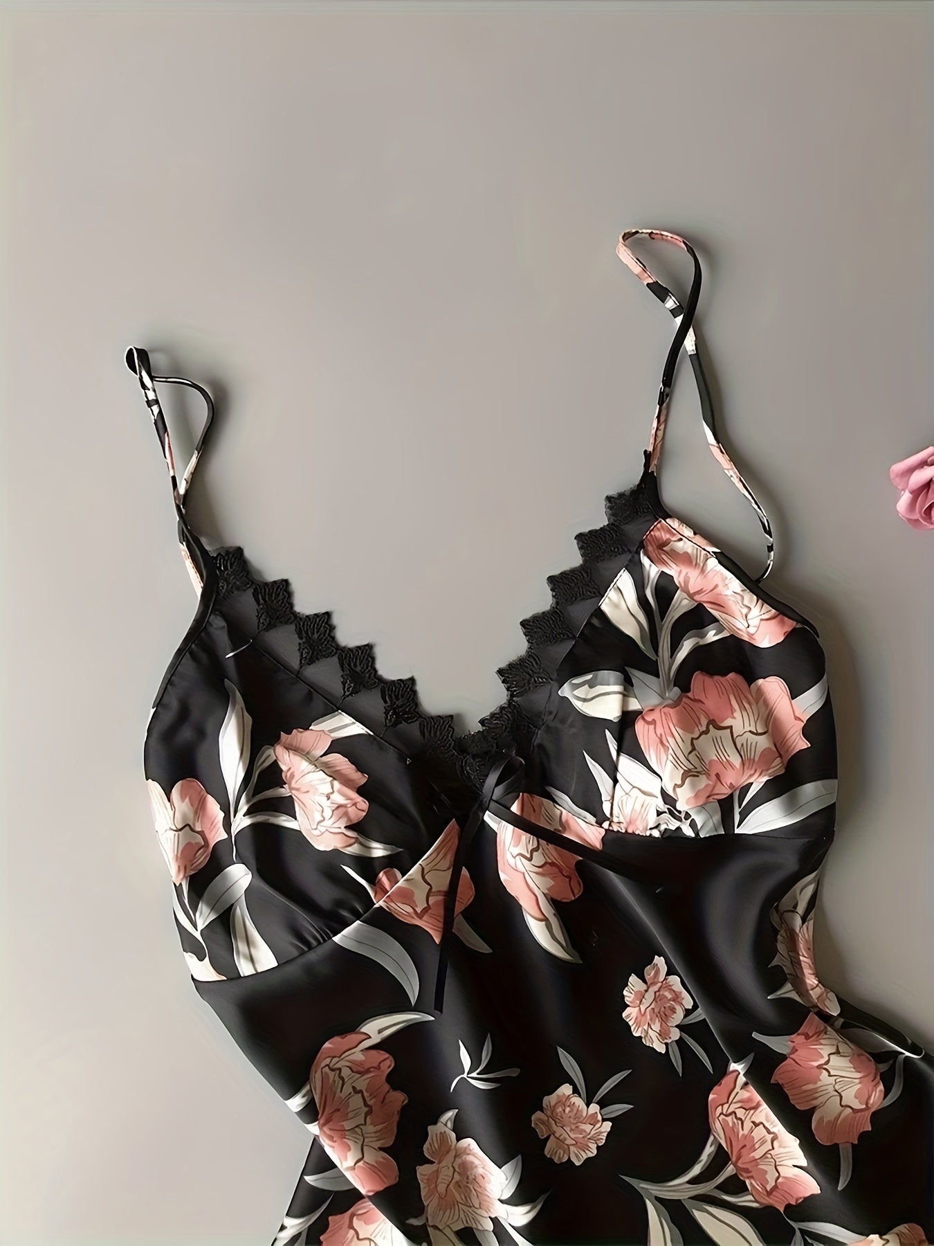 Floral Print Pajama Set Lace Trim V Neck Cami Top & Elastic Waistband Shorts