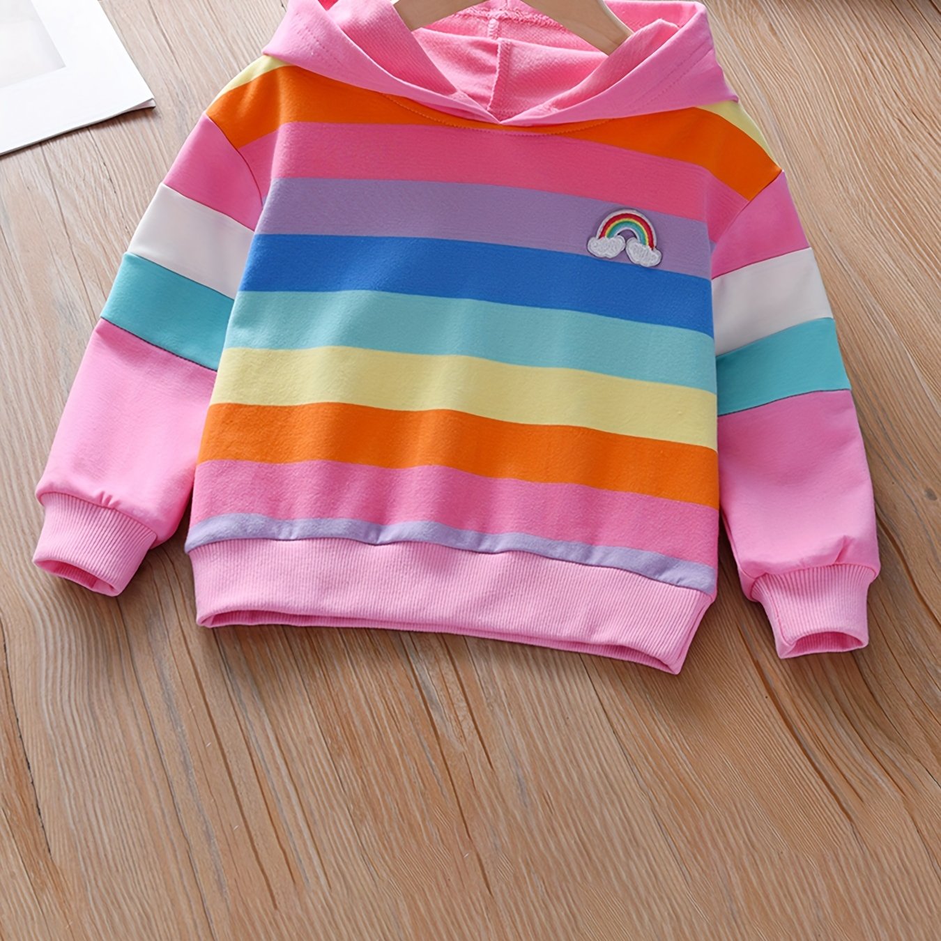 Girls' Rainbow Embroidery Striped Hooded Sweatshirt Pullovers