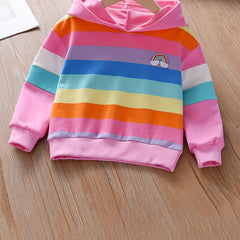 Girls' Rainbow Embroidery Striped Hooded Sweatshirt Pullovers