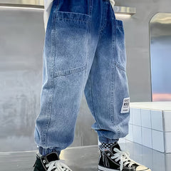 Boys Tapered Cargo Denim Jeans Elastic Waist Kids Clothes