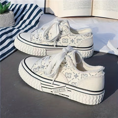 Women's Platform Canvas Print Lace Up Low Top Shoes