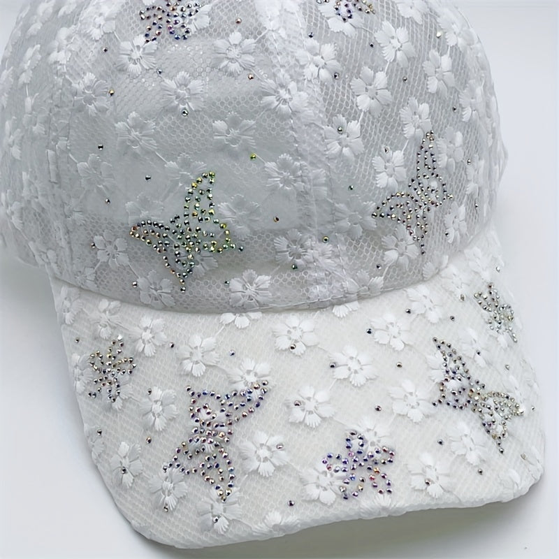 Rhinestone Butterfly Baseball Cap Lace Hollow Out Breathable Dad Hats