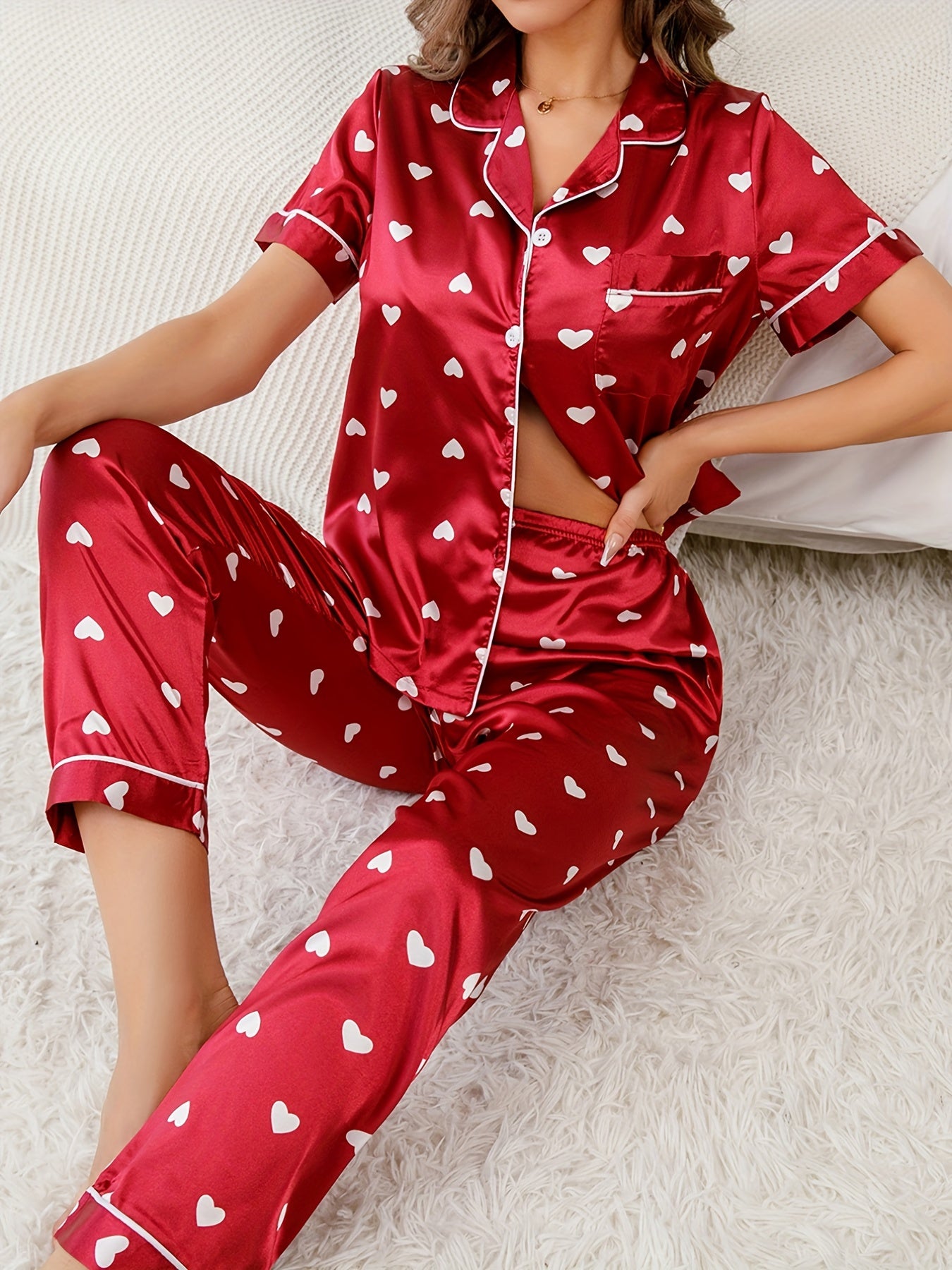 Heart Print Satin Pajama Set Short Sleeve Top & Long Pants Women's Loungewear