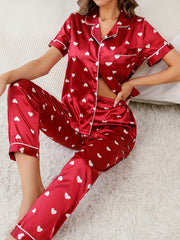 Heart Print Satin Pajama Set Short Sleeve Top & Long Pants Women's Loungewear