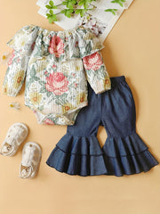 2pcs Toddler Baby Ruffle Off Shoulder Romper & Flared Leg Denim Pants