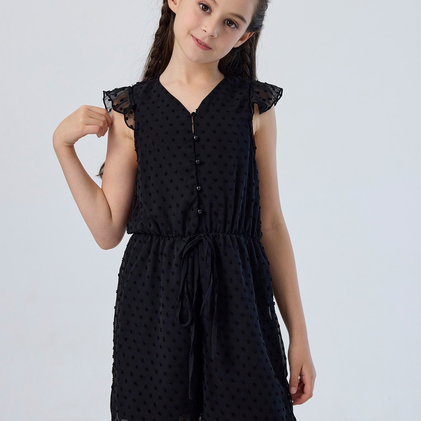 Girls Ruffle Sleeveless Romper Button Down Jumpsuit