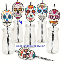 6pcs Halloween Skull Straws for Day of the Dead Party Decoration