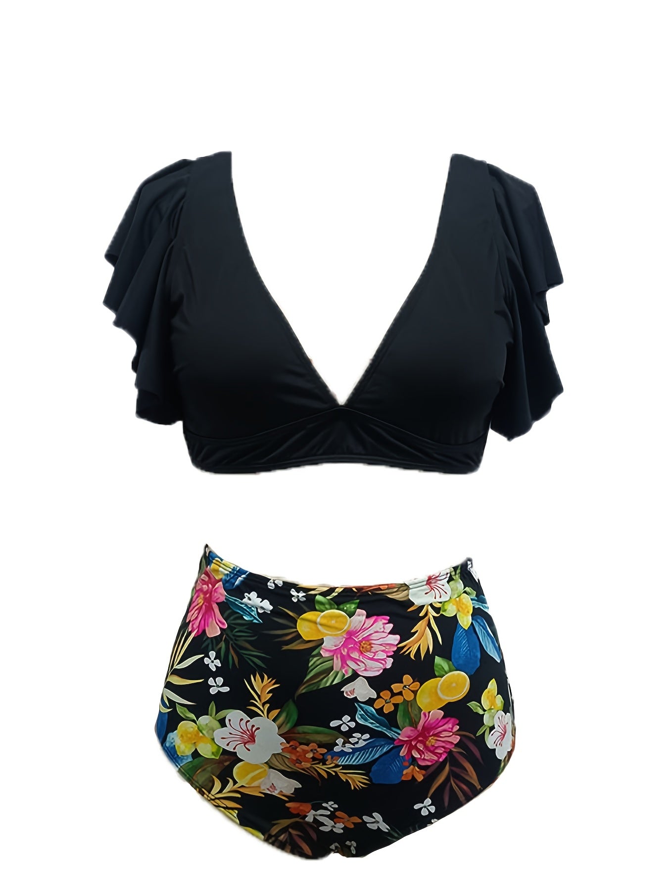 Floral Ruffled Strap Bikini Set High Waist Swimsuit