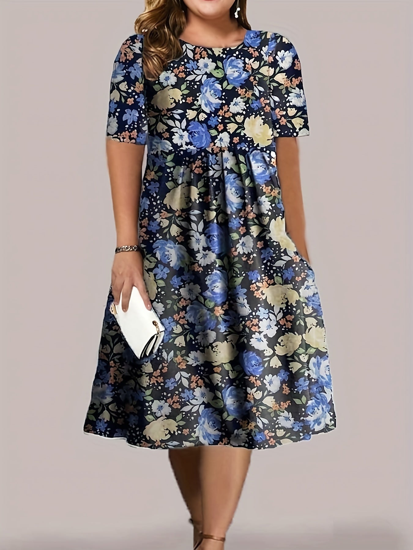 Floral Print Short Sleeve Round Neck Pleated Dress With Pockets